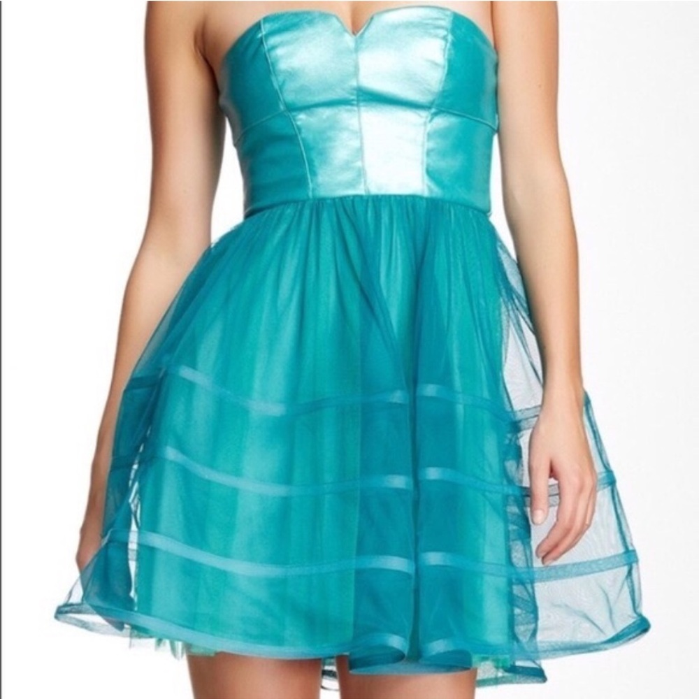 Betsey Johnson tulle and faux leather strapless mini dress